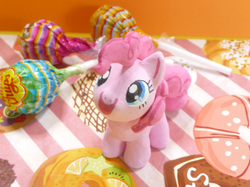 Size: 589x441 | Tagged: safe, artist:ラル, pinkie pie, earth pony, pony, g4, candy, chupa chups, customized toy, cute, filly, food, happy, irl, japan, lollipop, photo, plushie, sculpture, smiling