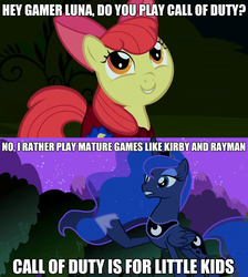 Size: 625x699 | Tagged: safe, apple bloom, princess luna, alicorn, earth pony, pony, gamer luna, g4, luna eclipsed, season 1, season 2, stare master, female, filly, image macro