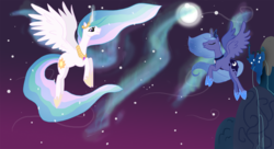 Size: 2000x1091 | Tagged: safe, artist:sarahsupernatrualist, princess celestia, princess luna, g4, flying, moon, night