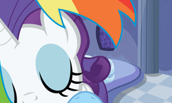 Size: 1800x1080 | Tagged: safe, rainbow dash, rarity, g4, bedroom, female, female pov, kissing, lesbian, offscreen character, pov, ship:raridash, shipping, smooch