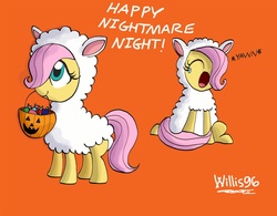 Size: 1024x800 | Tagged: safe, artist:walliscolours, fluttershy, lamb, sheep, g4, candy, costume, cute, fluttersheep, food, mouth hold, pumpkin bucket, shyabetes, solo, yawn