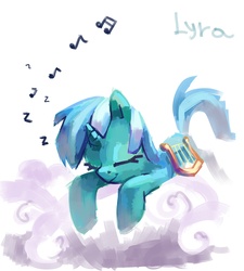 Size: 2586x2874 | Tagged: dead source, safe, artist:holivi, lyra heartstrings, pony, unicorn, cloud, eyes closed, female, lying down, lyre, mare, music notes, musical instrument, on a cloud, prone, simple background, sleeping, solo, white background, zzz