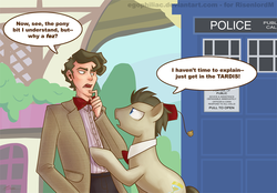 Size: 1000x697 | Tagged: safe, artist:egophiliac, doctor whooves, time turner, alien, earth pony, pony, crossover, doctor who, eleventh doctor, human ponidox, humanized, ponyville, tardis, the doctor, time lord, time travel, timelord ponidox