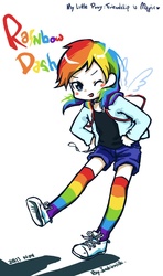 Size: 700x1181 | Tagged: safe, artist:junkiemilk, rainbow dash, human, g4, blushing, clothes, converse, cute, female, floating wings, humanized, looking at you, open mouth, rainbow socks, shoes, shorts, smiling, socks, solo, striped socks, winged humanization, wink