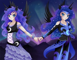 Size: 1050x825 | Tagged: safe, artist:nightingale5601, nightmare moon, princess luna, human, g4, duality, horn, horned humanization, humanized