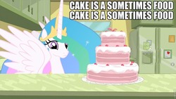 Size: 960x540 | Tagged: source needed, safe, princess celestia, pony, g4, cake, cakelestia, caption, female, horn, image macro, imminent stuffing, indoors, long horn, phineas and ferb, roflbot, slender, solo, spread wings, thin, wings