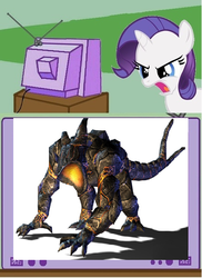 Size: 438x601 | Tagged: safe, rarity, kaiju, pony, g4, dumb rock, exploitable meme, godzilla (series), godzilla unleashed, meme, obsidius, tv meme, younger