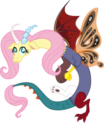Size: 900x1061 | Tagged: safe, artist:zimvader42, fluttershy, bear, cockatrice, draconequus, dragon, griffon, manticore, rabbit, g4, butterfly wings, chaos, draconequified, female, flutterequus, flutterfly, mismatched horns, mismatched wings, simple background, transparent background, wings
