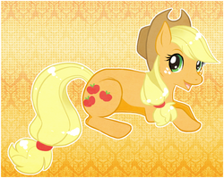 Size: 732x584 | Tagged: safe, artist:vanillacrepe, applejack, earth pony, pony, g4, female, looking at you, prone, solo