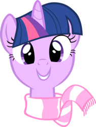 Size: 1425x1884 | Tagged: safe, artist:cthulhuandyou, twilight sparkle, pony, unicorn, g4, winter wrap up, bust, clothes, female, looking at you, portrait, scarf, simple background, smiling, solo, transparent background, unicorn twilight, vector