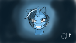 Size: 900x510 | Tagged: safe, artist:colgate minuette, minuette, pony, unicorn, g4, bust, grin, solo