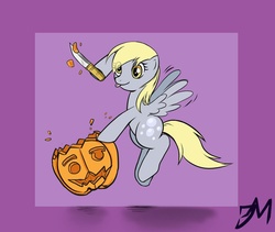 Size: 800x674 | Tagged: safe, artist:kuraidraws, derpy hooves, pegasus, pony, g4, female, jack-o-lantern, knife, mare, pumpkin, solo