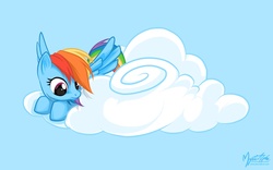 Size: 1680x1050 | Tagged: safe, artist:mysticalpha, rainbow dash, pony, g4, cloud, female, solo, wallpaper