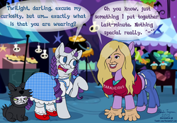 Size: 1280x896 | Tagged: safe, artist:sketchinetch, opalescence, rarity, twilight sparkle, alicorn, human, g4, actor, actress, apron, braid, braided pigtails, clothes, costume, dorothy gale, dress, duo, human costume, nightmare night, pigtails, pinafore, tara strong, the wizard of oz, toto, twilight sparkle (alicorn), twintails, voice actor, voice actor joke