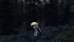 Size: 1920x1080 | Tagged: safe, derpy hooves, human, g4, gun, riding, skyrim, the elder scrolls