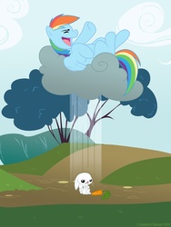 Size: 900x1200 | Tagged: safe, artist:kkitty23, angel bunny, rainbow dash, pony, rabbit, g4, cloud, laughing, rain, tree, unamused