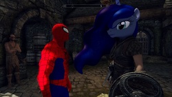 Size: 1920x1080 | Tagged: safe, princess luna, human, g4, male, skyrim, spider-man, the elder scrolls