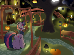 Size: 3333x2462 | Tagged: safe, artist:v-d-k, twilight sparkle, pony, unicorn, g4, butt, candle, female, halloween, holiday, jack-o-lantern, levitation, magic, mare, nightmare night, plot, pumpkin, scenery, solo, telekinesis, tree