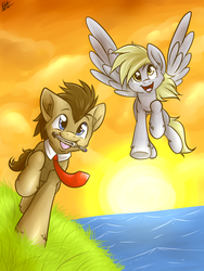 Size: 768x1024 | Tagged: dead source, safe, artist:fizzy-dog, derpy hooves, doctor whooves, time turner, earth pony, pegasus, pony, g4, cute, derpabetes, doctor who, doctorbetes, duo, female, flying, grass, male, mare, mouth hold, sonic screwdriver, stallion, sunset, the doctor