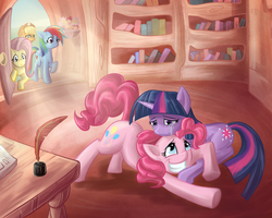 Size: 1280x1024 | Tagged: safe, artist:hnkkorgris, applejack, fluttershy, pinkie pie, rainbow dash, twilight sparkle, earth pony, pegasus, pony, unicorn, g4, comforting, comforting twilight, crying, female, golden oaks library, hug, lesbian, library, mare, raised hoof, raised leg, ship:twinkie, shipping, smiling