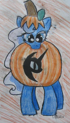 Size: 461x805 | Tagged: safe, artist:flufffur, princess luna, alicorn, pony, g4, clothes, costume, female, food, food costume, halloween, holiday, jack-o-lantern, mare, nightmare night symbol, pumpkin, pumpkin costume, solo