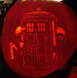 Size: 1902x1924 | Tagged: safe, artist:xrebel666x, doctor whooves, rainbow dash, time turner, g4, crash, doctor who, irl, jack-o-lantern, photo, pumpkin, tardis