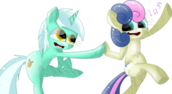 Size: 4903x2687 | Tagged: safe, artist:extradan, bon bon, lyra heartstrings, sweetie drops, earth pony, pony, g4, bipedal, dancing, duo, music notes, simple background, smiling, transparent background