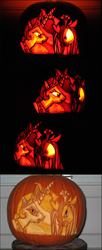 Size: 1211x2980 | Tagged: safe, artist:archiveit1, princess celestia, queen chrysalis, g4, craft, irl, jack-o-lantern, photo, pumpkin