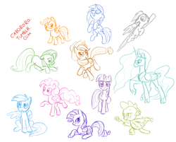 Size: 1000x804 | Tagged: safe, artist:naroclie, applejack, derpy hooves, dj pon-3, fluttershy, pinkie pie, princess celestia, rainbow dash, rarity, scootaloo, spike, twilight sparkle, vinyl scratch, alicorn, dragon, earth pony, pegasus, pony, unicorn, g4, female, hat, male, mane seven, mane six, mare, simple background, white background