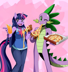 Size: 1024x1088 | Tagged: safe, artist:ss2sonic, spike, twilight sparkle, dragon, unicorn, anthro, g4, breasts, busty twilight sparkle, clothes, cute, drake, drink, duo, duo male and female, eating, female, food, happy, looking at you, male, meat, older, older spike, one eye closed, open mouth, open smile, pants, pepperoni, pepperoni pizza, pizza, smiling, spikabetes, teenage spike, teenaged dragon, teenager, twiabetes, unicorn twilight, wingless spike