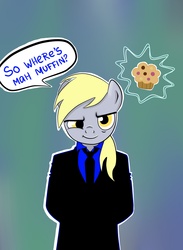 Size: 2200x3000 | Tagged: safe, artist:shiarr, derpy hooves, pegasus, pony, g4, clothes, female, high res, mare, muffin, necktie, suit