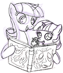 Size: 635x734 | Tagged: safe, artist:spookitty, smarty pants, twilight sparkle, twilight velvet, pony, g4, evil dead, filly twilight sparkle, monochrome, necronomicon