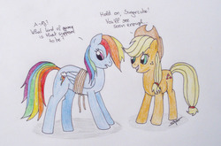 Size: 1000x659 | Tagged: safe, artist:shikogo, applejack, rainbow dash, g4, bound wings, photo, rope, traditional art, wings