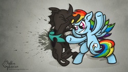 Size: 1920x1080 | Tagged: safe, artist:muffinexplosion, rainbow dash, changeling, g4, abuse, changeabuse, punch