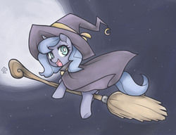 Size: 1439x1105 | Tagged: safe, artist:soulspade, princess luna, pony, g4, broom, cape, clothes, costume, female, flying, flying broomstick, full moon, hat, looking back, moon, night, night sky, nightmare night, open mouth, smiling, solo, stars, underhoof, witch, witch hat, woona