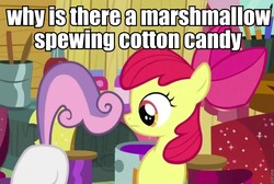 Size: 960x644 | Tagged: safe, edit, edited screencap, screencap, apple bloom, sweetie belle, earth pony, pony, g4, hearts and hooves day (episode), cannot unsee, caption, cropped, duo, face down ass up, hearts and hooves day, image macro, looking at butt, marshmallow, sweetie belle is a marshmallow too, text