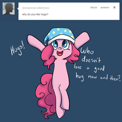 Size: 1000x1000 | Tagged: safe, artist:maplesunrise, pinkie pie, earth pony, pony, ask snuggle pie, g4, ask, female, hat, nightcap, solo, tumblr