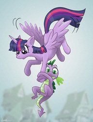 Size: 960x1250 | Tagged: safe, artist:pedantia, spike, twilight sparkle, alicorn, dragon, pony, g4, duo, female, flying, male, mare, twilight sparkle (alicorn)