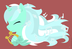 Size: 1500x1014 | Tagged: safe, artist:raygirl, part of a set, lyra heartstrings, pony, unicorn, g4, bow, bust, eyes closed, female, harp, horn, lineless, long mane, mare, musical instrument, portrait, profile, simple background, smiling, solo