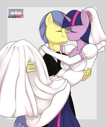 Size: 1280x1536 | Tagged: safe, artist:kloudmutt, comet tail, twilight sparkle, unicorn, anthro, g4, background pony, clothes, dress, female, kiss on the lips, kissing, male, mare, ship:cometlight, shipping, stallion, straight, unicorn twilight, wedding, wedding dress