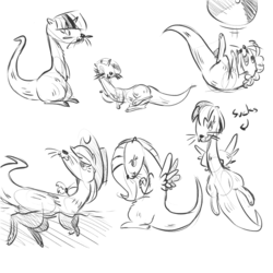 Size: 1050x1050 | Tagged: safe, artist:tess, applejack, fluttershy, pinkie pie, rainbow dash, rarity, twilight sparkle, otter, g4, ball, monochrome, my little x, on back, open mouth, otterified, playing, sketch, sketch dump, smiling, species swap