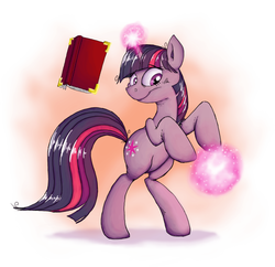 Size: 1298x1256 | Tagged: safe, artist:raunchyopposition, twilight sparkle, pony, g4, bipedal, book, frown, magic, messy mane, nervous, rearing