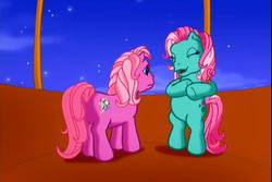 Size: 720x480 | Tagged: safe, screencap, minty, pinkie pie (g3), pony, a very pony place, come back lily lightly, g3, bipedal