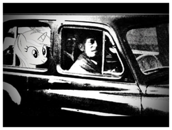 Size: 600x450 | Tagged: safe, edit, lyra heartstrings, ghost, human, g4, black and white, car, grayscale, irl, photo, ponies in real life, sitting lyra