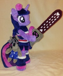 Size: 1892x2300 | Tagged: safe, artist:agatrix, smarty pants, twilight sparkle, pony, g4, anthro plushie, bipedal, chainsaw, irl, juliet starling, lollipop chainsaw, photo, plushie, voice actor joke