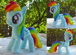 Size: 900x659 | Tagged: safe, artist:dolphinwing, rainbow dash, pegasus, pony, g4, folded wings, irl, multiple views, outdoors, photo, plushie, solo, wings
