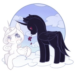 Size: 688x643 | Tagged: safe, artist:decemberdoe, oc, oc only, oc:magic, oc:mystic, alicorn, pony, 2012, alicorn oc, cloud, colt, duo, duo male and female, eye clipping through hair, female, filly, flower, foal, folded wings, gray eyes, horn, looking at each other, looking at someone, lying down, lying on a cloud, male, oc x oc, on a cloud, prone, red eyes, romantic, shipping, standing on a cloud, straight, wings