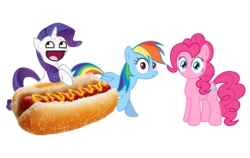 Size: 1107x701 | Tagged: safe, pinkie pie, rainbow dash, rarity, earth pony, pegasus, pony, unicorn, g4, awesome face, female, food, horn, hot dog, mare, open mouth, photoshop, random, simple background, strange moment, transparent background, wat