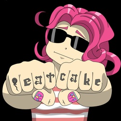 Size: 850x850 | Tagged: safe, artist:divinefolklore, pinkie pie, human, g4, blackletter, fist, gangsta, humanized, solo, sunglasses, tattoo