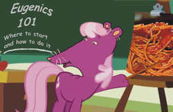 Size: 900x588 | Tagged: safe, artist:dethlunchies, edit, edited screencap, screencap, cheerilee, g4, arthur, comic sans, eugenics, let it haunt your nightmares, mr. ratburn, not salmon, oh are you having cake?, solo, spaghetti, wat, what has science done